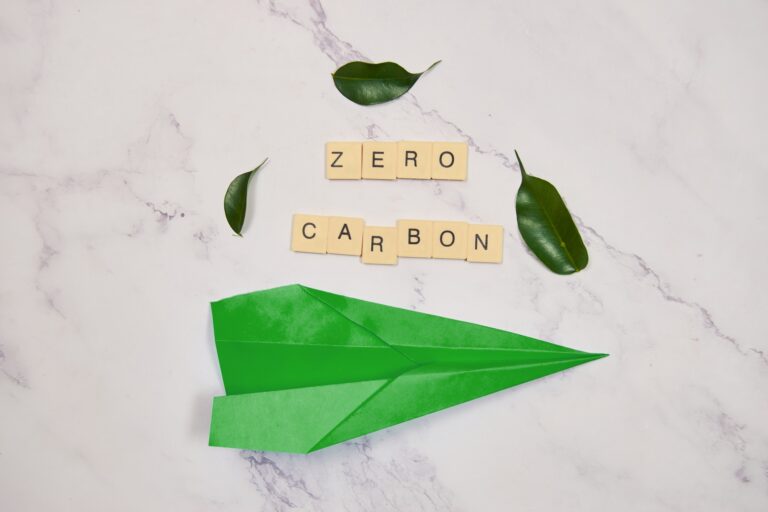 Carbon neutral sustainable development concept, with a paper airplane.
