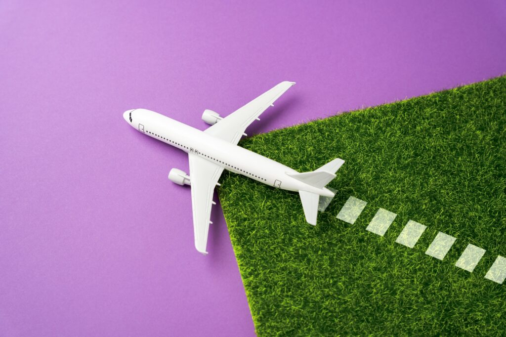 Ecology in aviation. A airliner plane spreads green grass.